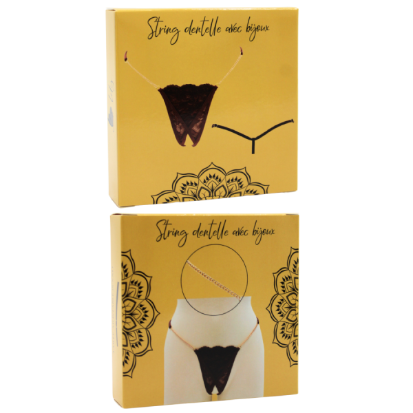 String en dentelle marron ouvert avec chaînes dorées 